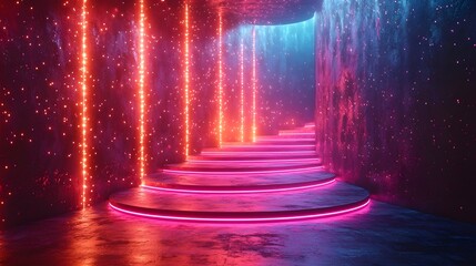 Futuristic neon staircase pathway illuminated with vibrant pink and blue lights and sparkling particles