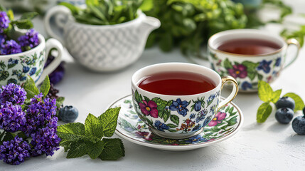 Vintage tea party scene featuring elegant floral teacups filled with herbal tea, surrounded by fresh mint, blueberries