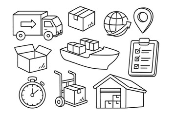 Logistics and shipping icon set. Vector line art illustration of delivery service, freight transportation, and global cargo distribution. Includes truck, ship, warehouse, box.