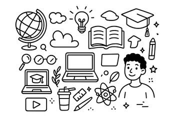 Education doodle icon set. E-learning, online course and knowledge concept. Student, study, science, back to school elements. Hand drawn vector line art illustration collection.