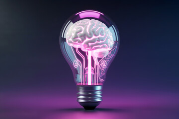 Pink light bulb displays brain with digital lines, idea concept. Use for digital products, ads, posters.