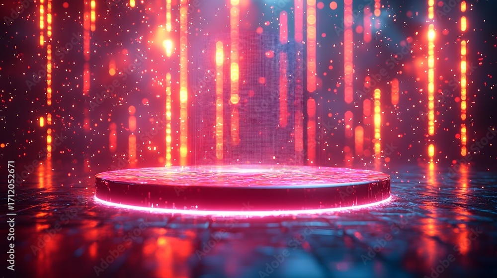 Poster a vibrant and futuristic podium glowing with festive lights and sparkling particles set against a da