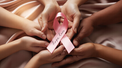 Multiple Hands Holding Ribbon Together for Breast Cancer Awareness
