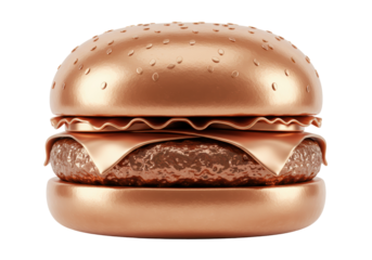 Isolated luxurious burger, all gold in color, with sesame seeds, cheese and meat in the middle