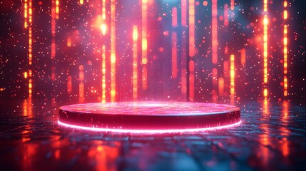 A vibrant and futuristic podium glowing with festive lights and sparkling particles set against a dark dynamic background