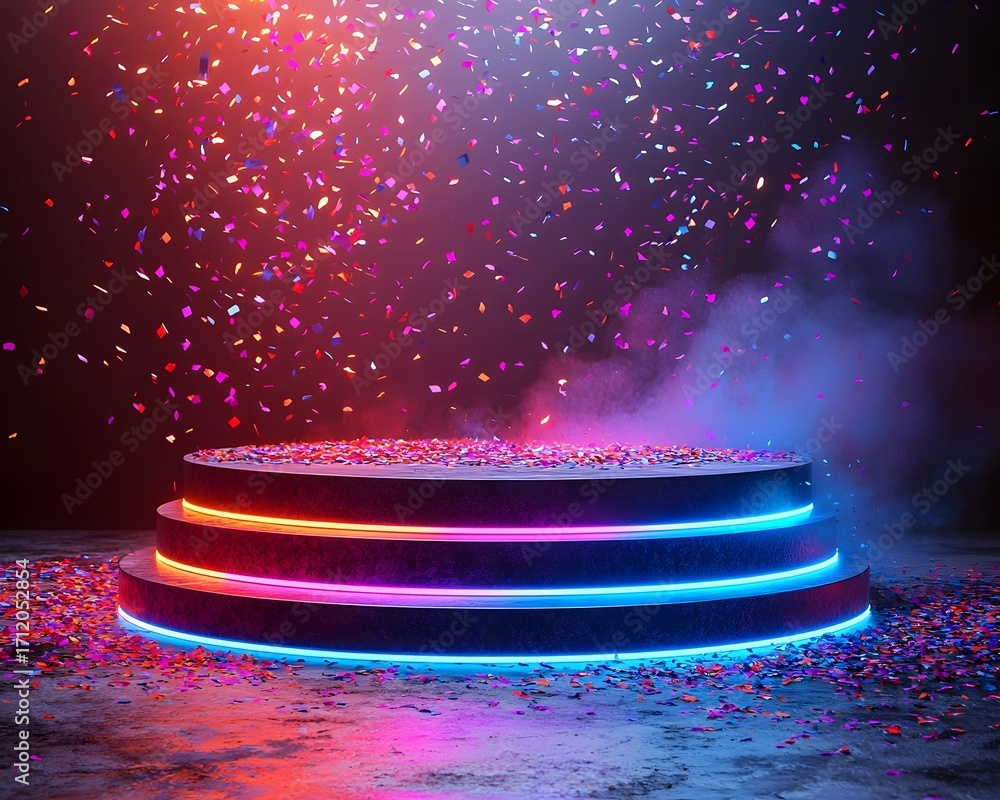 Poster a vibrant empty podium illuminated by neon lights with colorful confetti falling set against a dark 