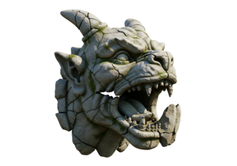 A weathered stone gargoyle head, with intricate details and cracked texture, is set against a stark black background.