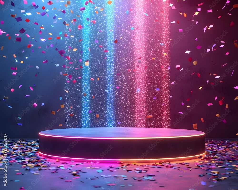 Poster an empty modern podium with vibrant neon lights and colorful confetti falling set against a dark tex
