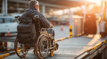 Man in wheelchair, wearing gray jacket, is boarding a vehicle at an airport, showcasing accessibility features and the importance of inclusive travel experiences