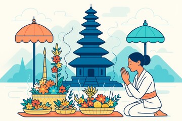 Fototapeta premium Woman praying near traditional temple with colorful offerings and parasols in peaceful mountain setting on light background. Ai generative. Ai generative