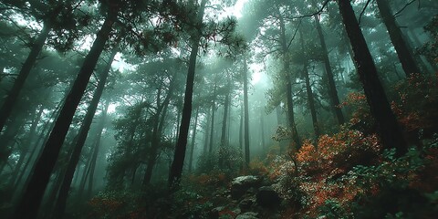 Misty forest path with tall trees reaching towards the sky, autumn leaves scattered on the ground, creating a magical and serene atmosphere