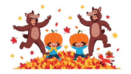 Autumnal Play: Whimsical scene of a family joyfully embracing Halloween with costumes and festive pumpkins, capturing the essence of fall fun.