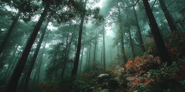 Misty forest path with tall trees reaching towards the sky, autumn leaves scattered on the ground, creating a magical and serene atmosphere