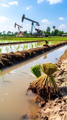 Rice paddy field with oil rigs in the background
