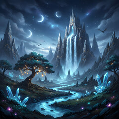 Fantasy landscape with waterfall, glowing crystals, and mystical forest  