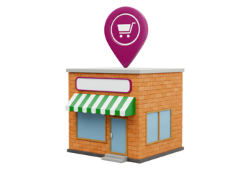Isolated store with awning and location icon for shopping on top, vector graphic