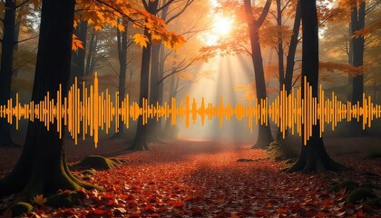 Vibrant autumn forest path bathed in golden sunbeams with an overlaid orange sound wave visualization