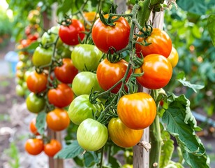 Ripe and unripe tomatoes on vines