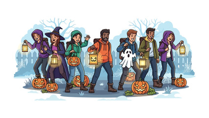 Halloween Spooktacular: A diverse group of trick-or-treaters strolls down a spooky lane, each carrying a lantern, a pumpkin, and the thrill of Halloween night!