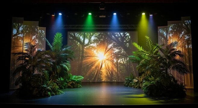 Stage setup with jungle theme backdrop, plants, and colorful lights for a performance setting area