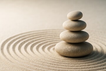 Zen balance stones on sand with concentric circles and soft light in minimalist abstract background for wellness and meditation concepts. Ai generative