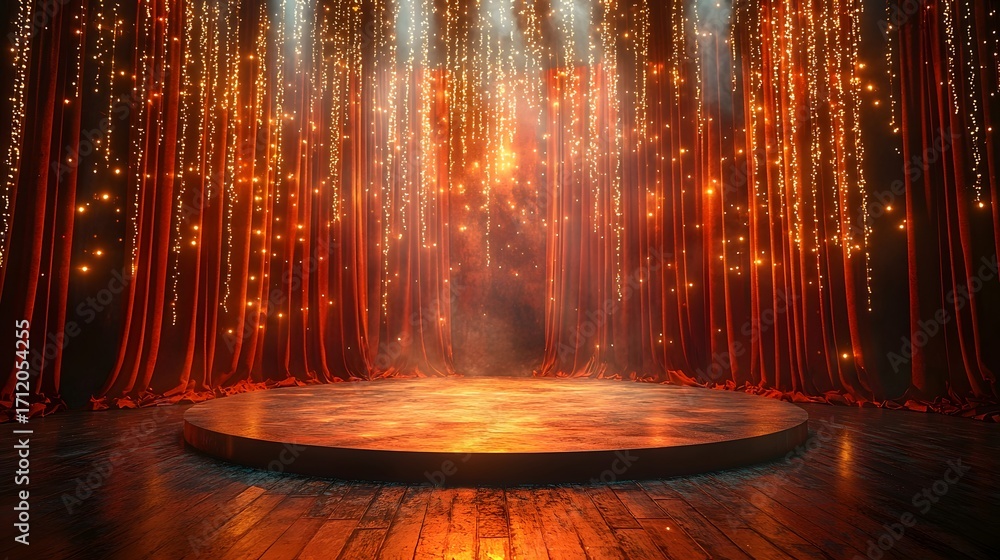 Poster a festive theater stage with draped red curtains shimmering golden lights and an illuminated empty p