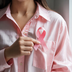 Pink Shirt Woman Gently Holding Ribbon as Breast Cancer Awareness Symbol