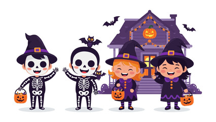 Halloween Delight: A group of children in delightful costumes, ready to trick-or-treat, gathering at a festively decorated home, capturing the festive and whimsical nature of the holiday.