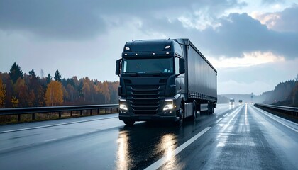 Realistic transport and logistics themes: trucks, freight trains, cargo ships and airplanes in autumn weather. Authentic stock photos suitable for global trade, supply chain, logistics and shipping co
