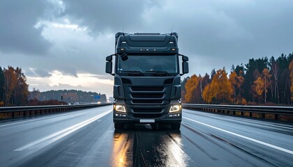Realistic transport and logistics themes: trucks, freight trains, cargo ships and airplanes in autumn weather. Authentic stock photos suitable for global trade, supply chain, logistics and shipping co