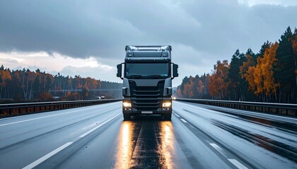 Realistic transport and logistics themes: trucks, freight trains, cargo ships and airplanes in autumn weather. Authentic stock photos suitable for global trade, supply chain, logistics and shipping co