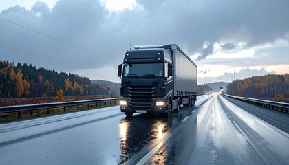 Realistic transport and logistics themes: trucks, freight trains, cargo ships and airplanes in autumn weather. Authentic stock photos suitable for global trade, supply chain, logistics and shipping co