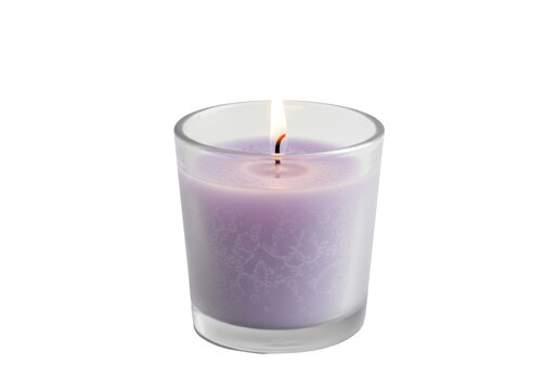 Isolated single scented candle in glass jar with flame, aromatherapy home decor item