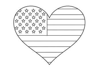 American flag heart shape isolated on white background, featuring stars and stripes in a simple, patriotic design for coloring or decoration
