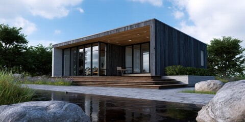 Modern Minimalist Black Wooden House with Glass Walls