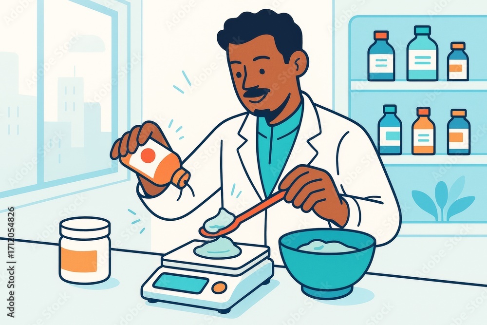 Poster pharmacist measuring ingredients on scale in lab with bright background, smiling while preparing med
