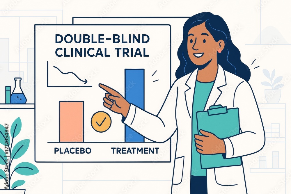 Aufkleber female scientist presenting double-blind clinical trial results with bar graph and placebo compariso