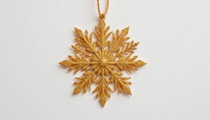 a unique glitter gold snowflake ornament made of paper crafted, shown on crisp white void, ultra sharp.