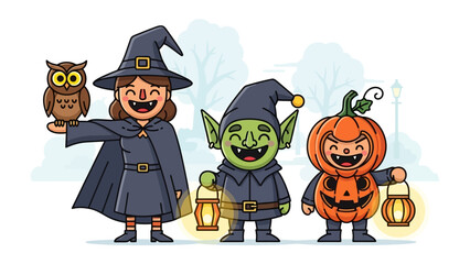 Halloween Gathering: A group of playful figures dressed in festive Halloween costumes, accompanied by an owl, illuminate the night with lanterns, setting a magical scene