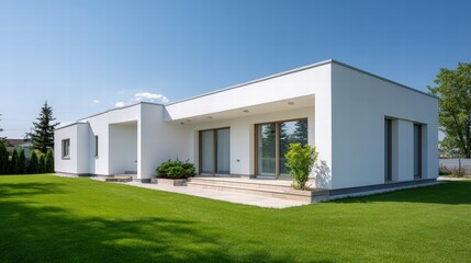 Modern White House with Spacious Lawn and Large Windows