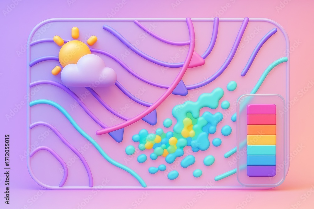 Poster colorful abstract weather map with sun and cloud elements in pastel tones symbolizing meteorology an