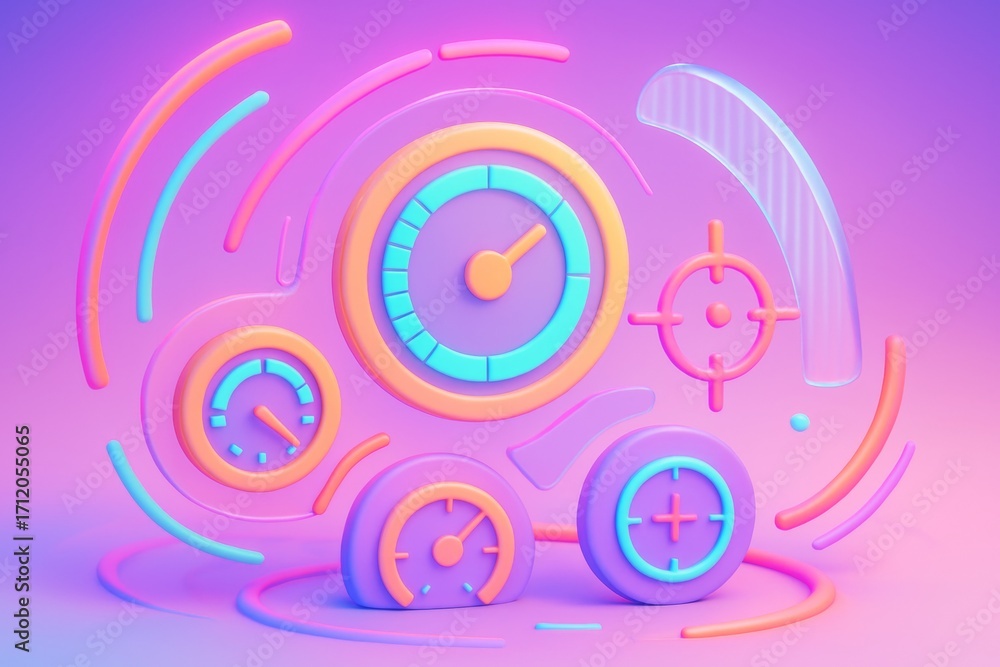 Poster colorful sci-fi dashboard interface with speedometers and hud elements in neon pastel shades on grad
