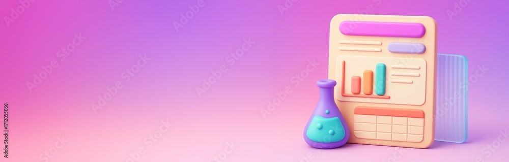 Aufkleber colorful science and data analysis concept with 3d chart, calendar, and flask on pink purple gradien