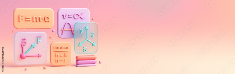 Poster colorful physics formula icons with 3d styled educational symbols on pastel gradient background with