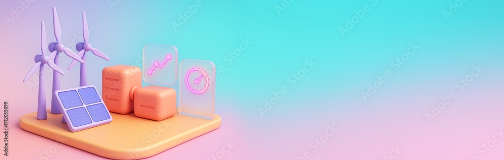 Poster renewable energy concept with wind turbines, solar panel and data icons on pastel gradient backgroun