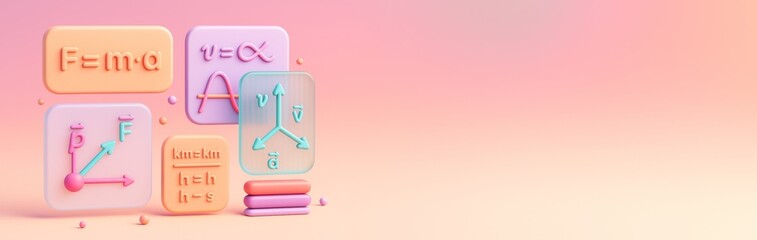 Colorful physics formula icons with 3D styled educational symbols on pastel gradient background with empty copy space for science poster or banner. Ai generative