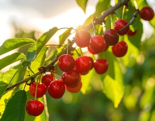 Ripe cherries on a branch at sunset