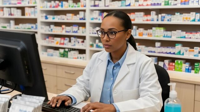 Focused African American female pharmacist working on a computer at the pharmacy counter. Healthcare professional managing prescriptions and patient data.