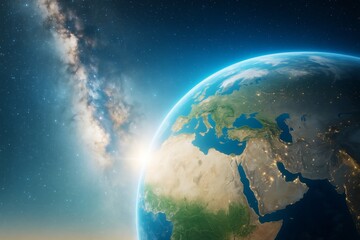 Fototapeta premium Planet Earth illuminated by sunrise with visible Milky Way in deep space background, emphasizing cosmic science and light concept.