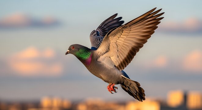 A majestic pigeon in mid-flight with wings fully spread, soaring gracefully against a beautiful sunset sky over an urban cityscape